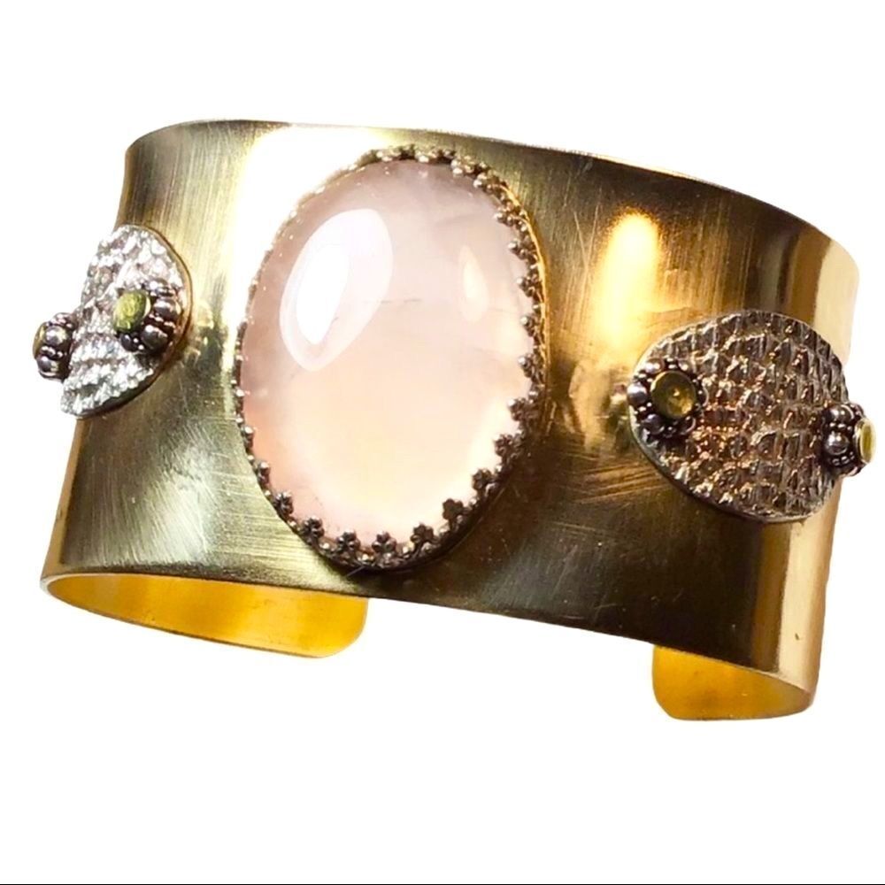 Pink Quartz Sterling Silver Bold Brass Cuff Bracelet NEW